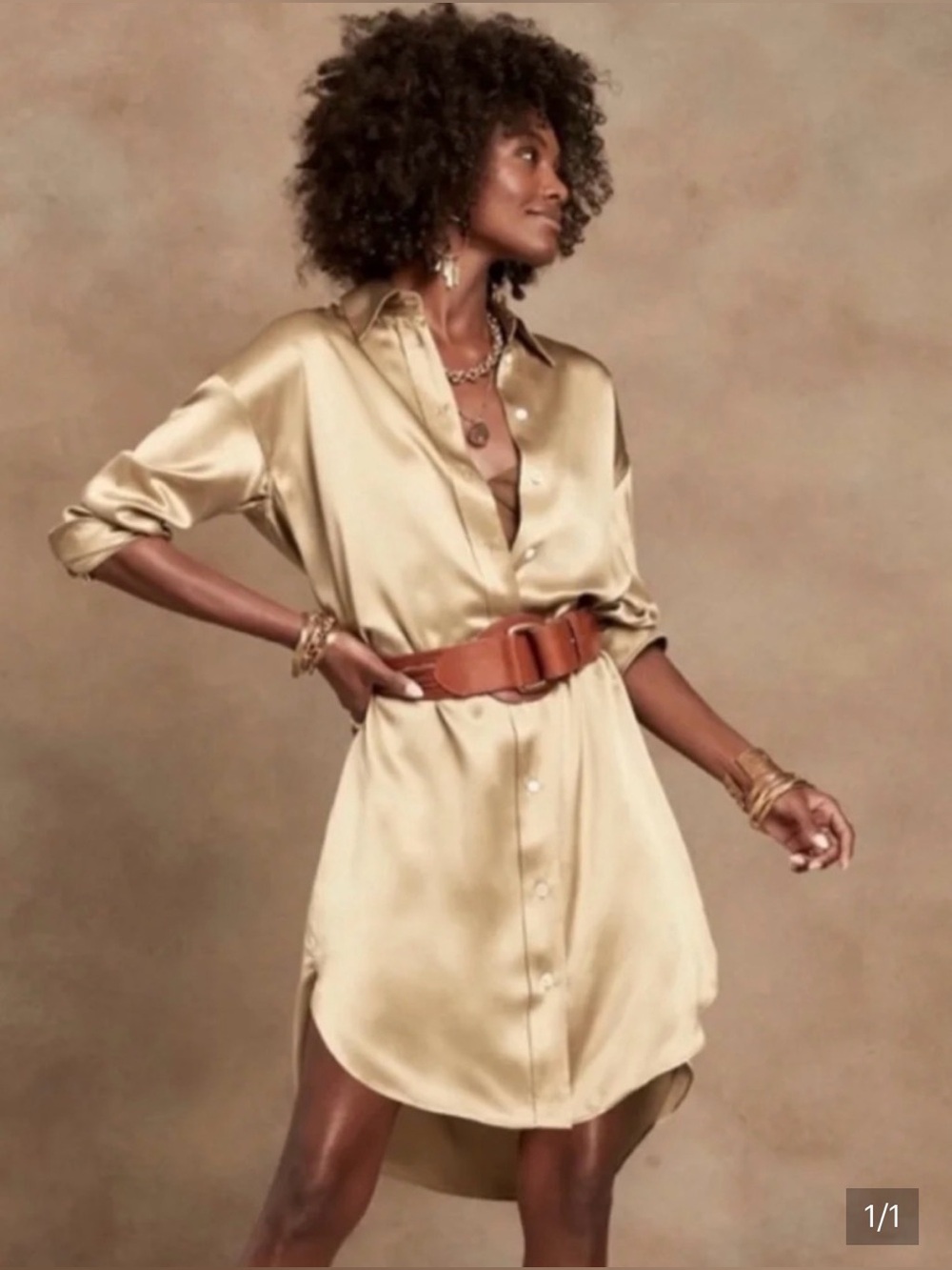 Banana Republic Gold Silk Button-Down Shirt Dress